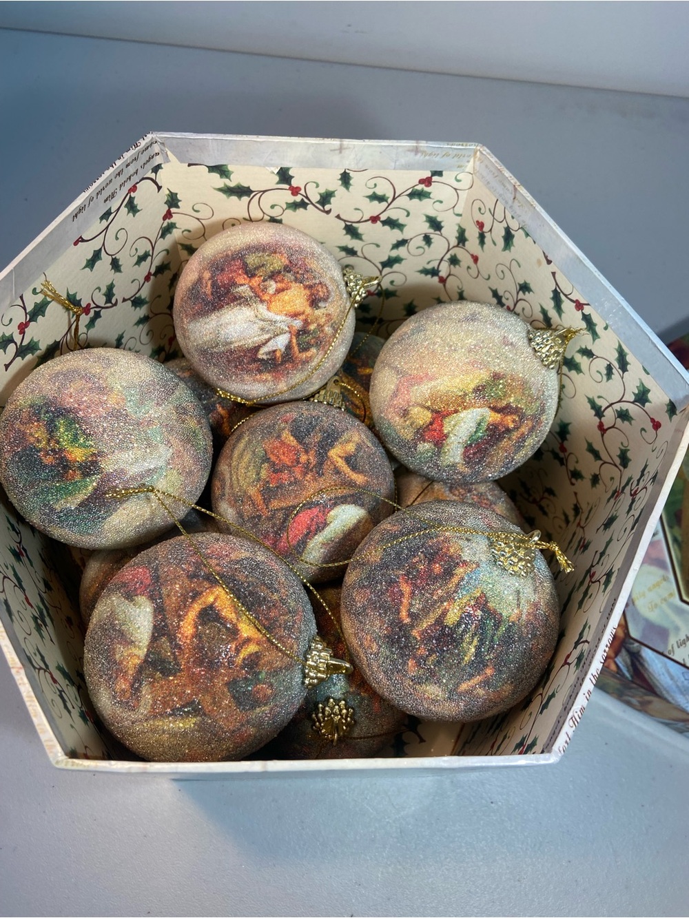 Glittered Vintage Jesus Christmas Ornaments - Gold Finish (Set) 18
